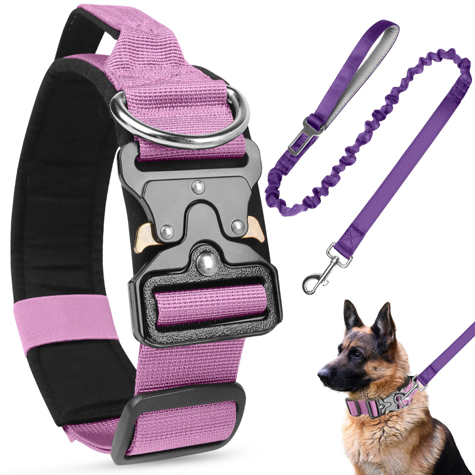 AKOFIC Tactical Dog Collar, Heavy Duty Wide Dog Collar with Handle and Soft Padded, Adjustable Comfortable Pet Collar for Small Medium and Large Dogs Training (Purple + Leash, XL) — image 1