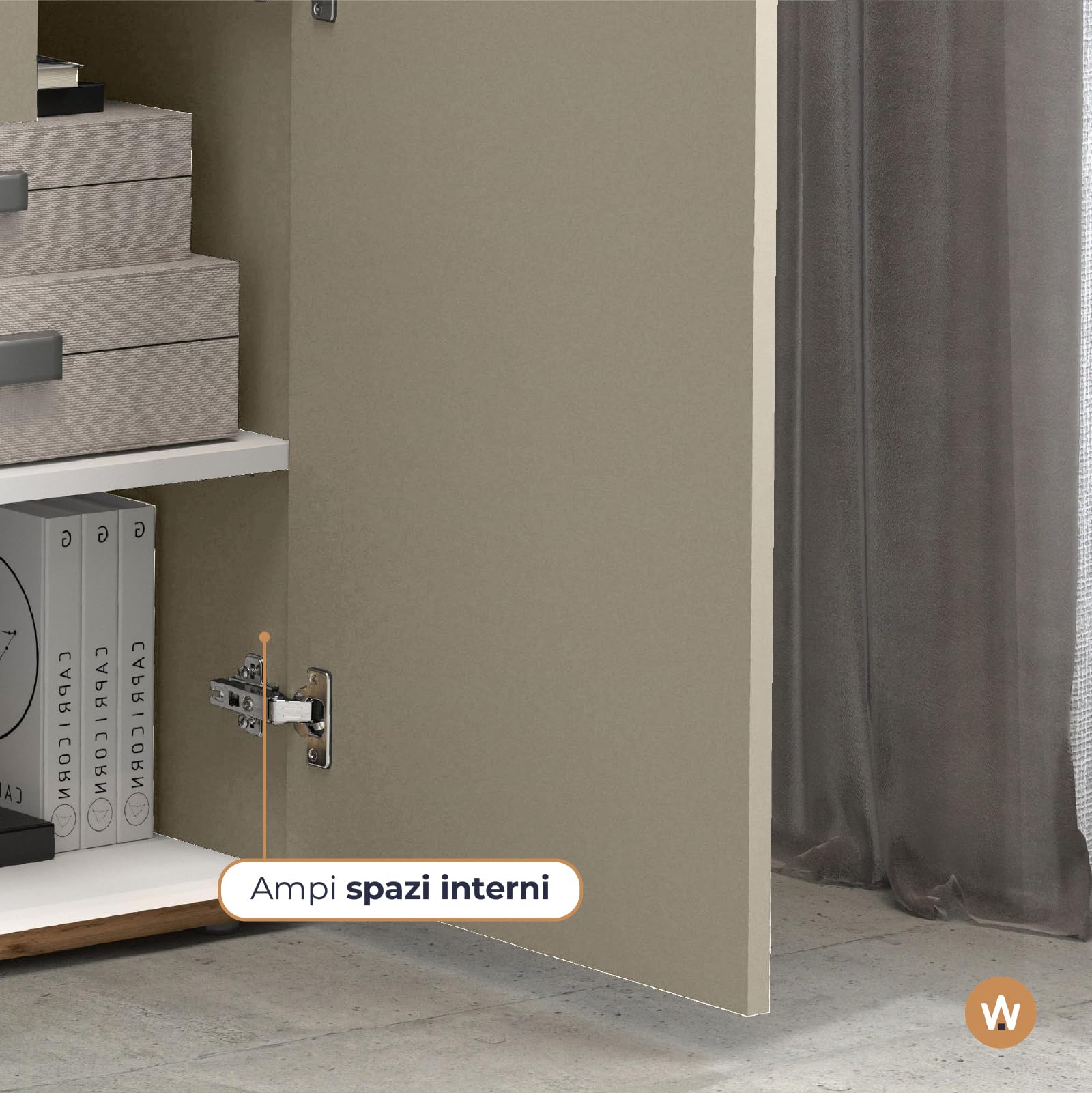 WHOUS Credenza e Buffet GARDA per Soggiorno con 2 Cassetti e 4 Ante, Madia per Salotto, Cucina e Sala da Pranzo in Legno, 160,1x35x70 cm, Tortora Opaco e Rovere