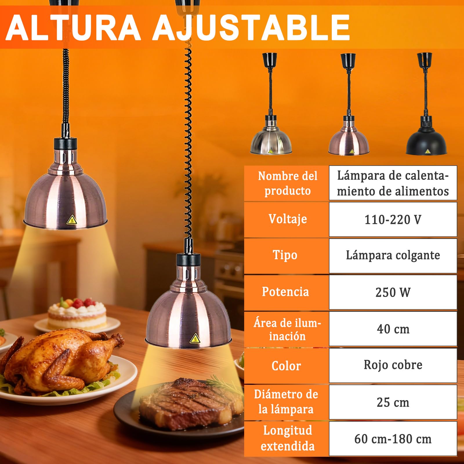 Lampada Riscaldante per Alimenti, Acciaio Inossidabile Lampada Riscaldante per Alimenti Sospesa, 25cm Lampada Riscaldante Cucina per Settore Della Ristorazione (Rosso rame, 4)