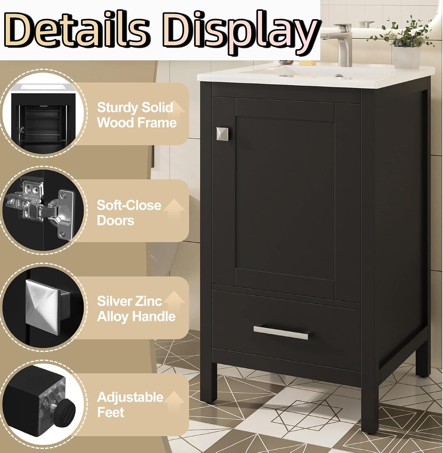 20" Freestanding Bathroom Vanity with Sink, Floor Stand Bathroom Storage Cabinet with Ceramic Sink, Door with Double-Layered Storage Shelves, Modern Compact Vanity with Divided Drawer, Black
