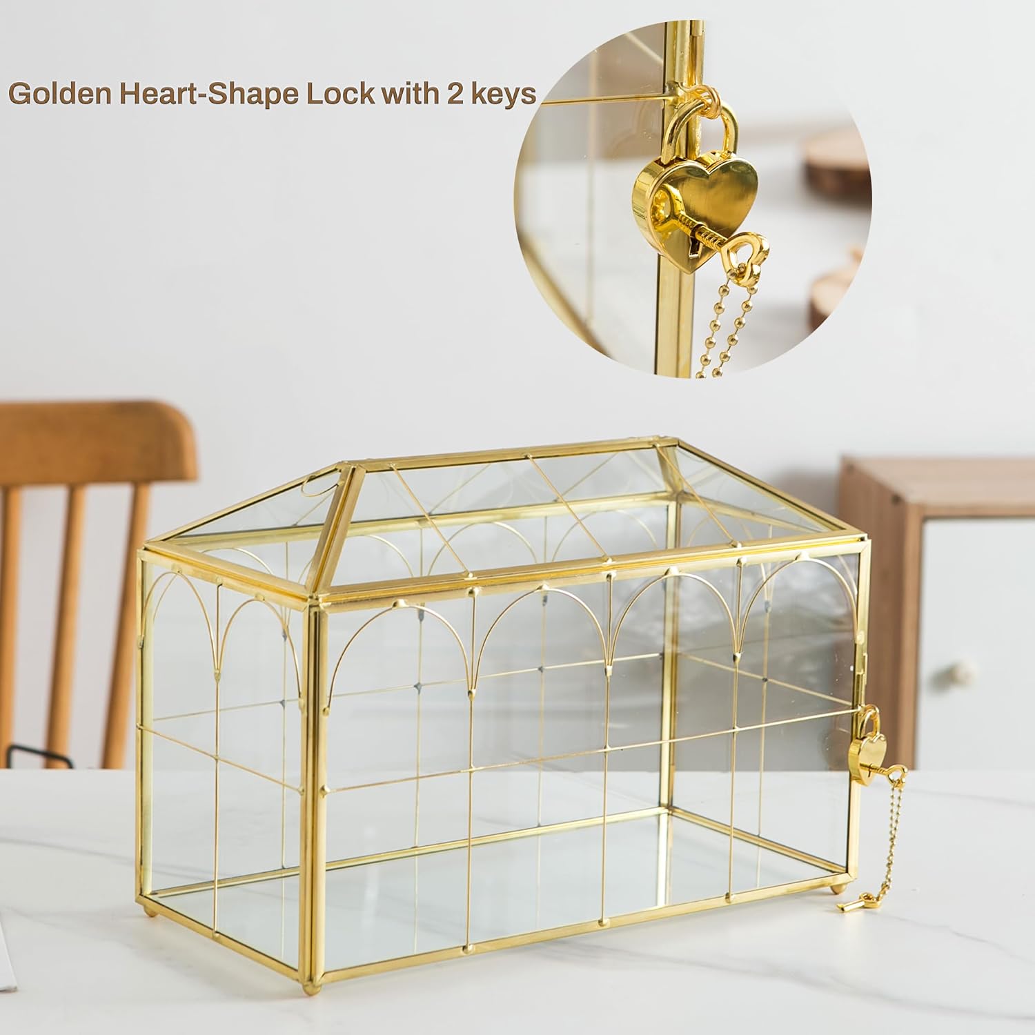 Glass Wedding Card Box with Slot, 12.5'' Large Clear Card Box Gold Brass Gift Card Storage Box with Lock Perfect for Wedding Receptions, Baby Shower, Birthday Party, Bridal Shower