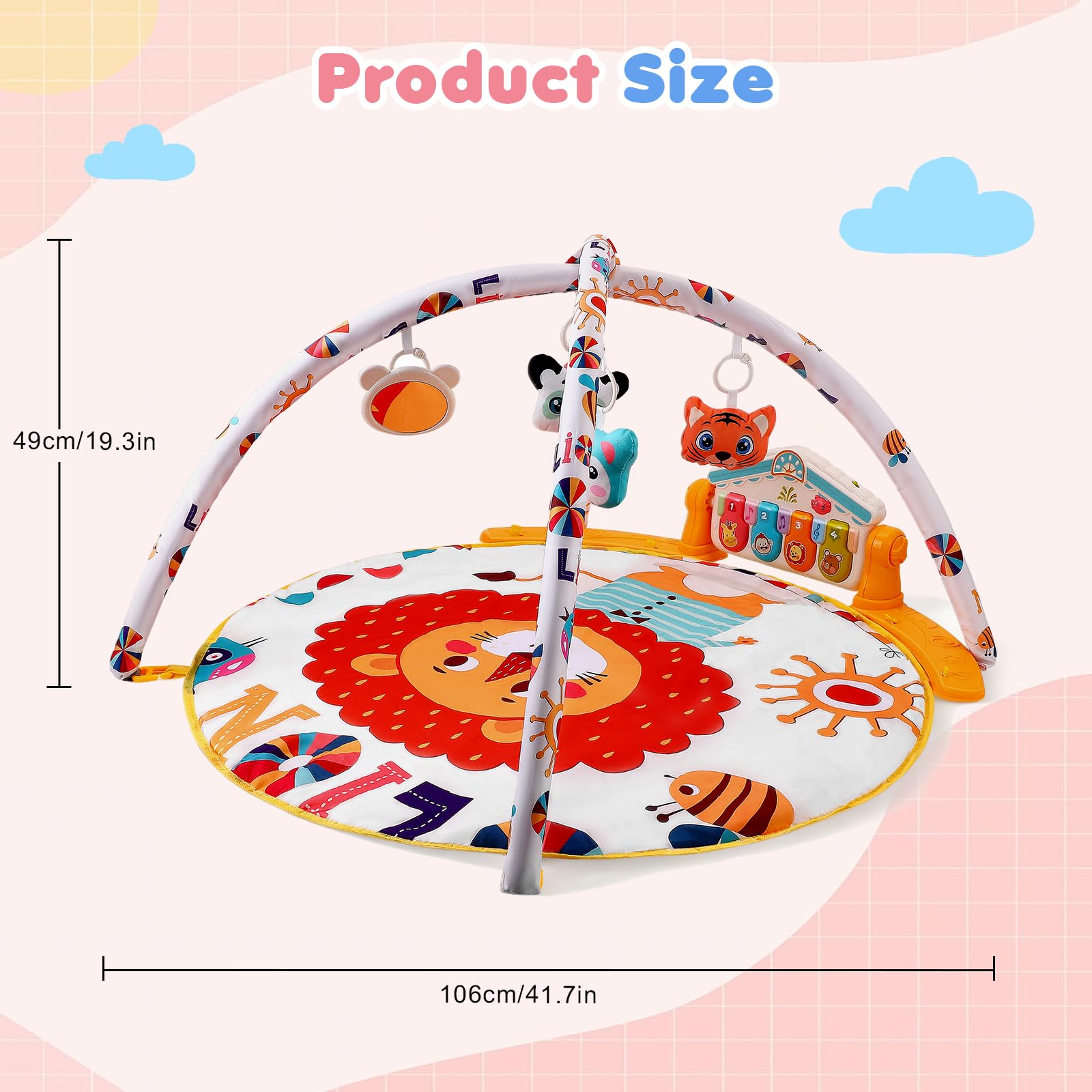 Spieldecke Baby Gym, 6 in 1 Spielbogen 0-12 Monate mit Musik Klaviermatte, 4 Hänge-Spielzeug, Licht & Töne, 400+ Geräuschen, Aktivitätsmatte mit Abnehmbarem Babyspielzeug für Neugeborene