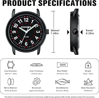 PINDOWS Analogue Quartz Wrist Watch Silicone Band for Women/Young Women Students Easy to Read Waterproof Unisex Luminous Dial