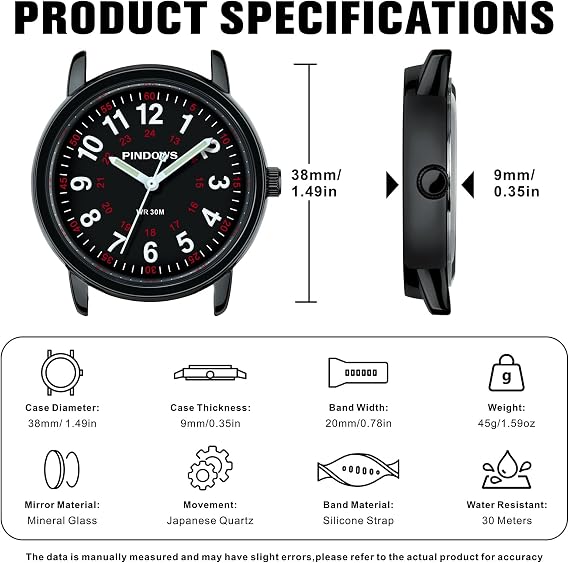 PINDOWS Analogue Quartz Wrist Watch Silicone Band for Women/Young Women Students Easy to Read Waterproof Unisex Luminous Dial