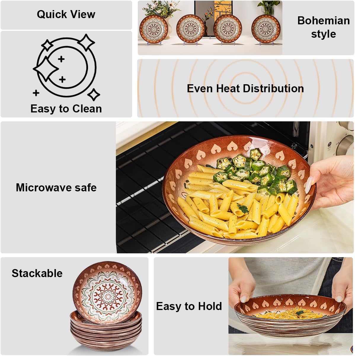 Yeacccng Bohemian Pasta Bowls Set of 6, 8.5 Inch 35 Oz Ceramic Serving Bowls, Brown Color Block Design, Lead-Free Cadmium-Free, Dishwasher Microwave Oven Safe, Scratch-Resistant Salad Soup Bowls