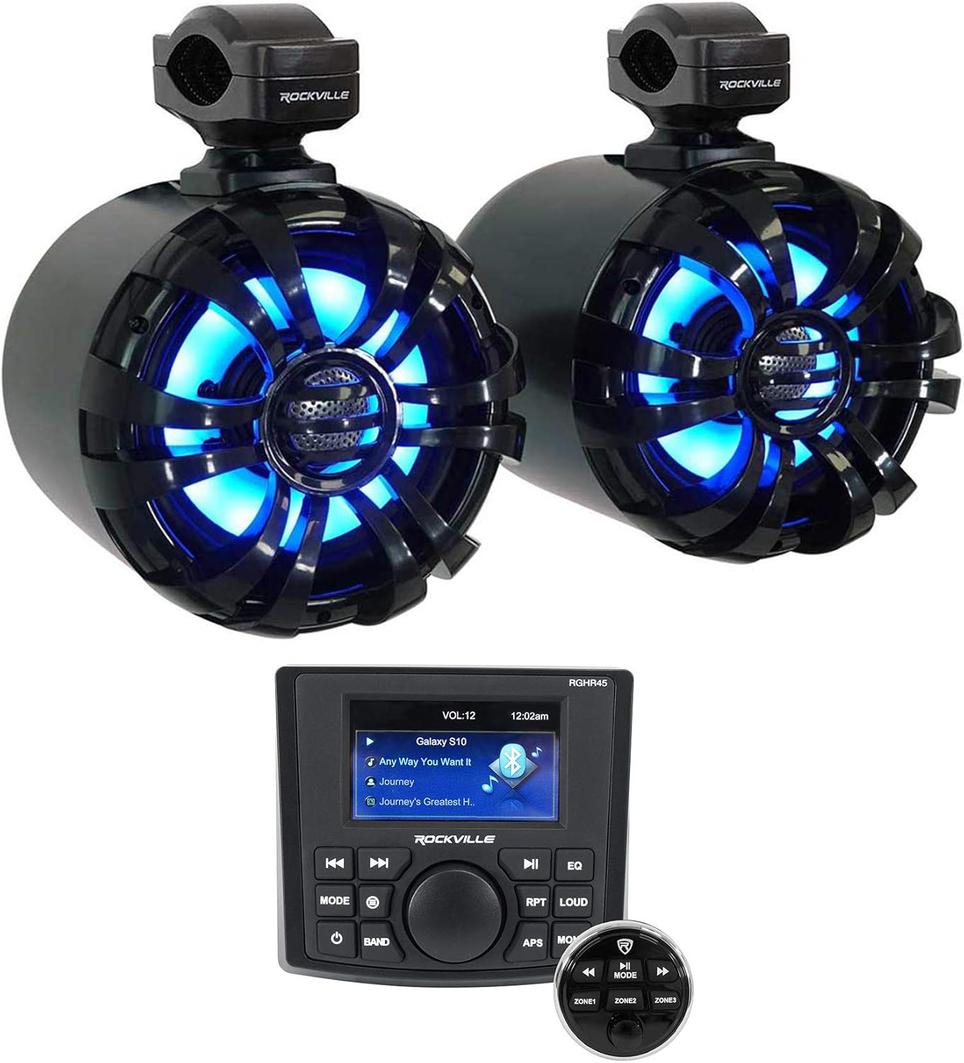 Rockville Marine Audio Bundle: (2) WB65KLED Black 6.5" 300W Peak LED Wakeboard Tower Speakers with Remote, RGHR45 4 Zone Marine Gauge Hole Receiver with Bluetooth, Wired Remote, 3-Items