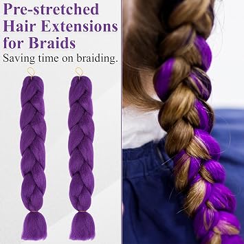 2PCS Purple Hair Extensions, 22 Inch Pre Stretched Purple Hair Wig
