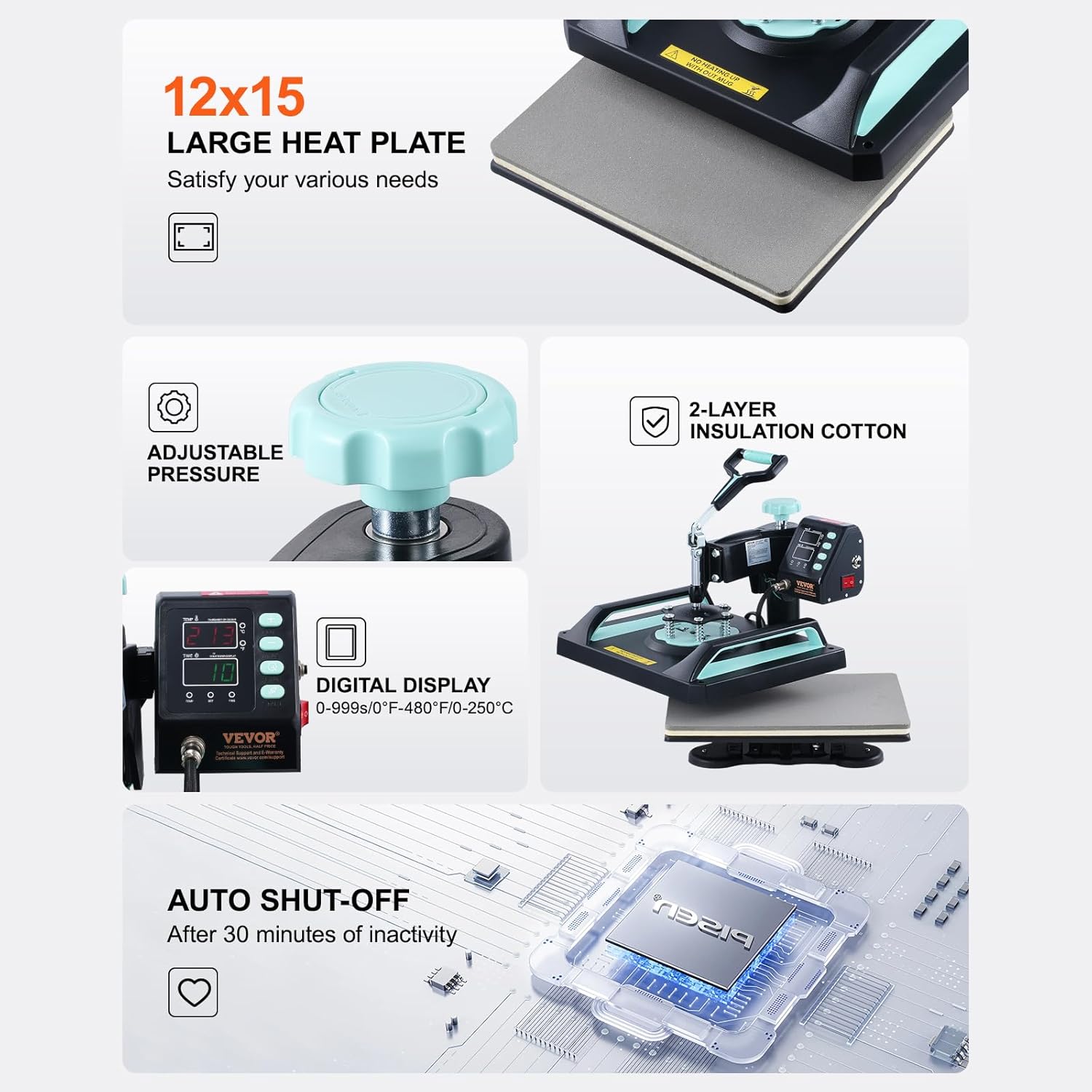 VEVOR 5 in 1 Heat Press Machine Combo with 30 OZ Tumbler Press & Hat Press 12x15 inch Heat Press for T-Shirts, Hats Caps Tumblers Glass Cans Mugs, and Plates (Green & Black)