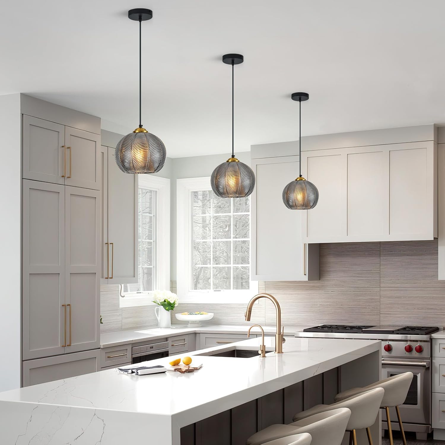 Smoke Gray Glass Pendant Lights Kitchen Island 1 Pack 7.48 in Hand Blown Glass Globe Pendant Light Fixtures Modern Pendant Lighting for Kitchen Island Bedroom Dining Room