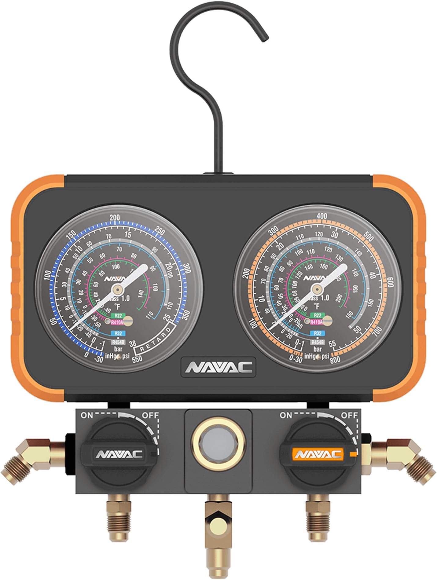 N2A4B Manifold Gauge | Class 1.0 Accuracy | Impact-Resistant HVAC Gauge | Aluminum Body and Rubber Cover | Easy-to-Read Analog Display | Folding Hook | 1 Year Warranty