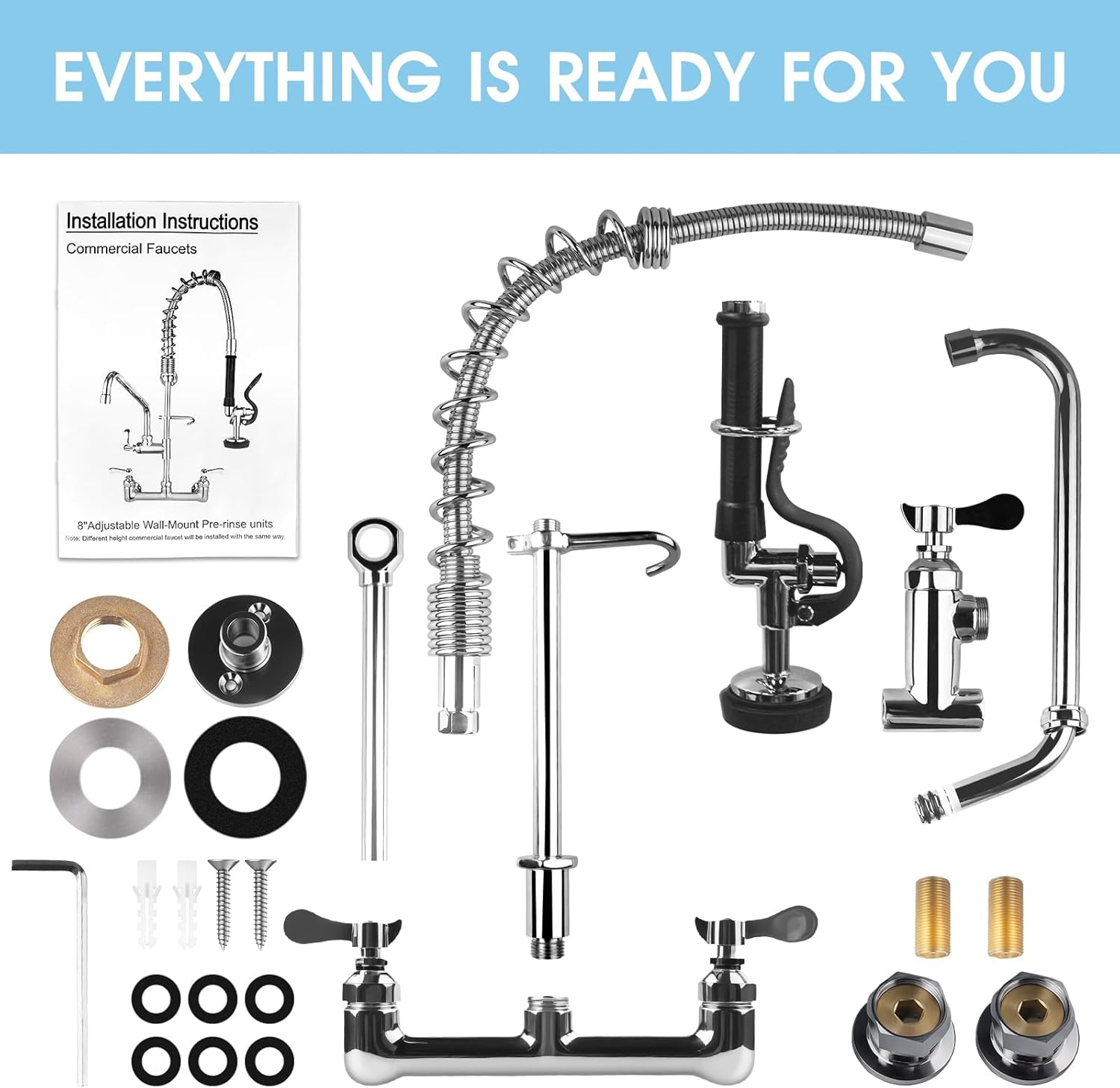 Commercial Faucet with Sprayer, Brass Chrome Wall Mount Restaurant Kitchen Sink Faucet 36" Height 8" Center with Coilded Spring Pull Down Pre Rinse Sprayer, 12" Spout and 38" Hose (36 inches)