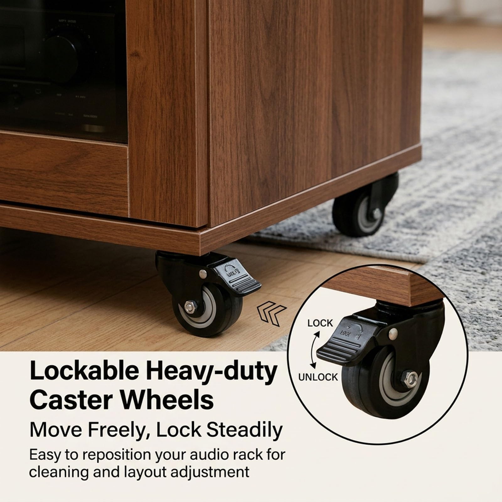 Audio Rack, AV Stand with Wheels, Adjustable Shelves, Tempered Glass Door, Wooden Shelf, Heat Dissipation Feature for Home Recording Studio(21.6x21.6x32.6in)