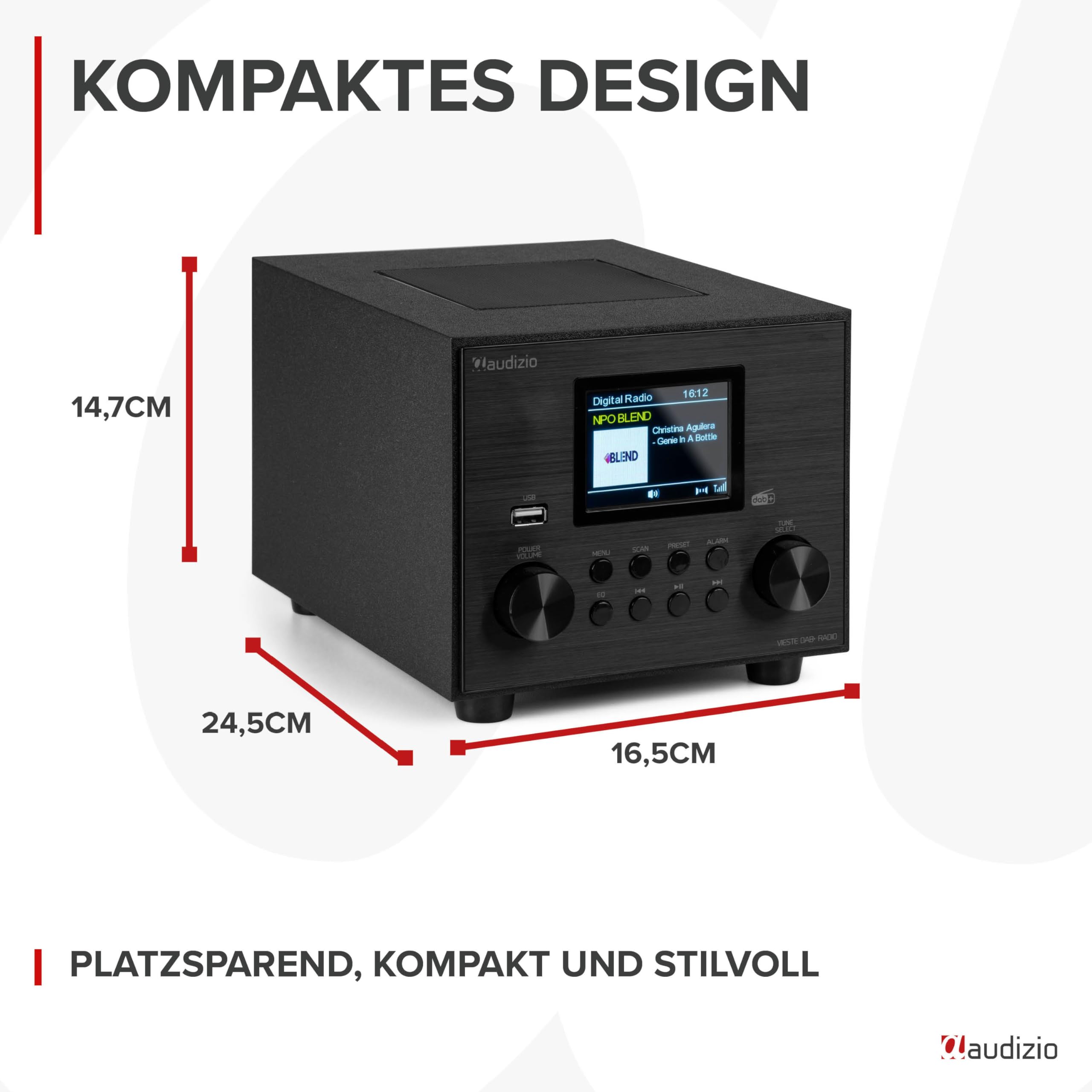 Audizio Vieste - DAB Radio mit Bluetooth, 60 Watt Lautsprecher, DAB Plus Radio mit USB Anschluss, FM & UKW, Weckerfunktion, 20 Speicherplätze, Auto-Suchlauf, Schwarz