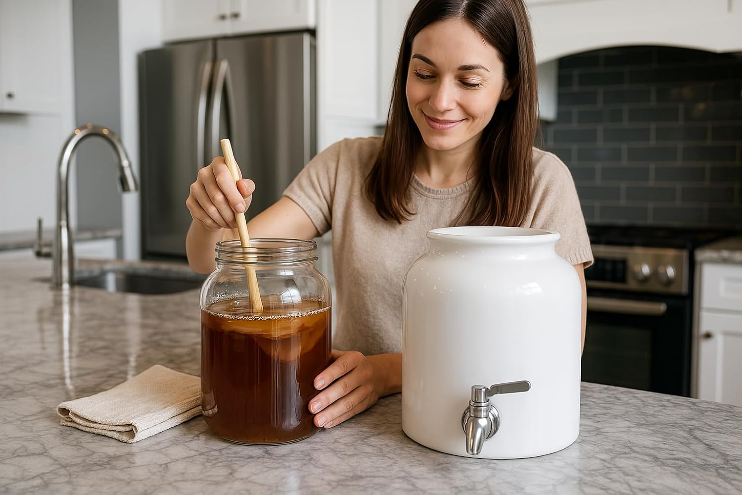 Kombucha Crock 1.3 Gallon Humble House Sauerkrock Tap Stainless Steel Spigot, Cotton Cloth & Rubber Band - White Ceramic Probiotic Dispenser 5 Liter Continuous Brewing Kombucha SCOBY Hotel Jar