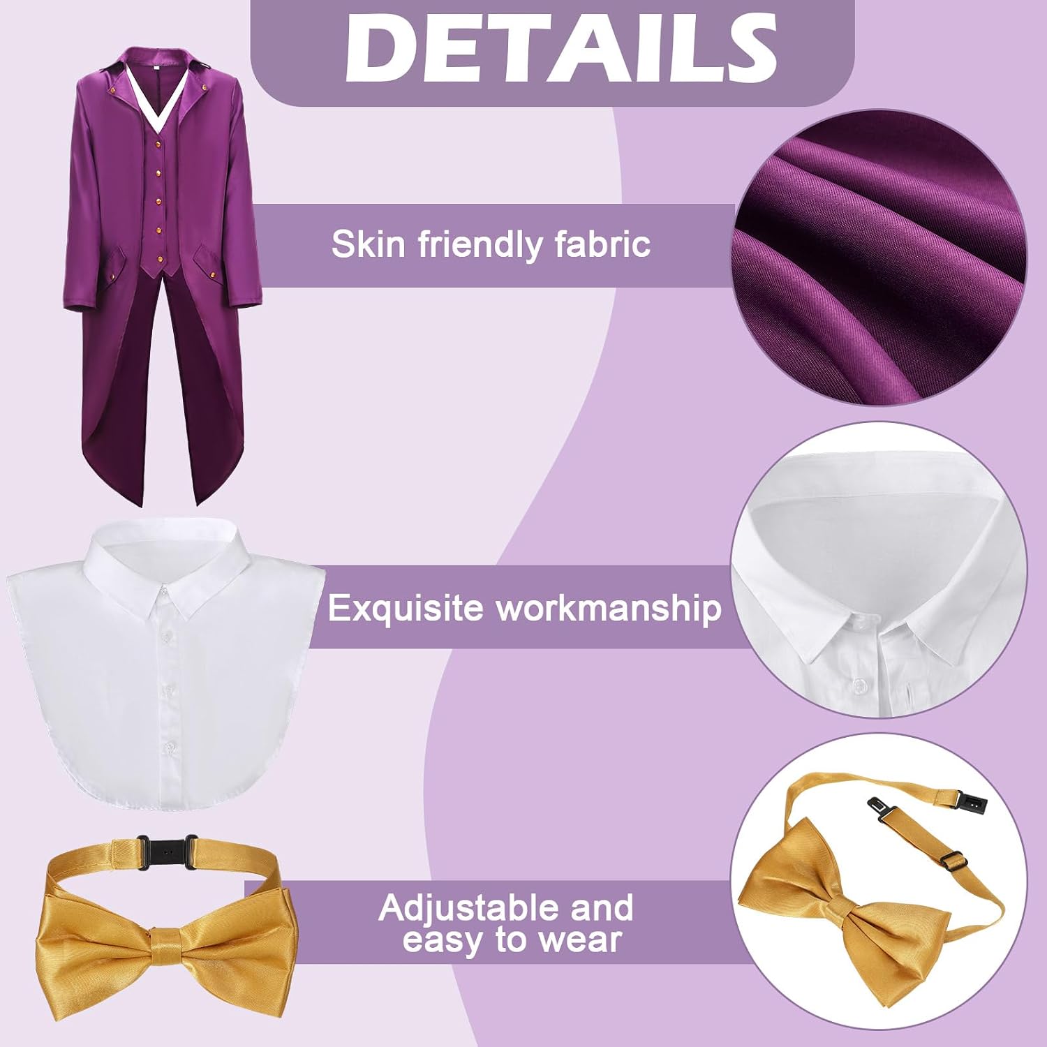 Mepase 6 Pcs Halloween Costume for Adult Men Include Tailcoat Top Hat Scepter Gloves Bow Tie and Collar for Movie Cosplay
