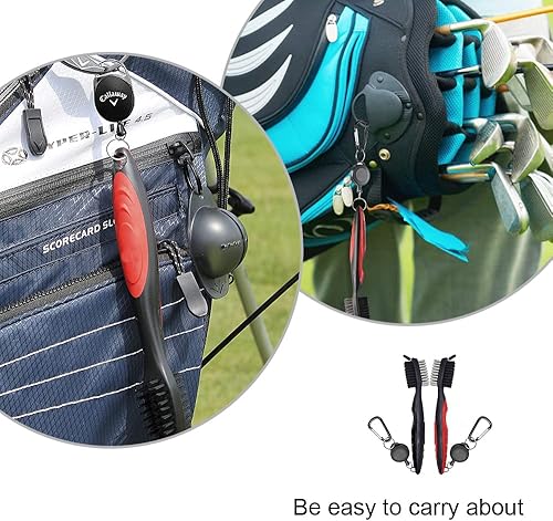 Miniatura 5 de Paquete de 2 cepillos para palos de golf, limpiadores de palos de golf, cepillos de doble cerdas con cremallera retráctil y mosquetón para limpiar