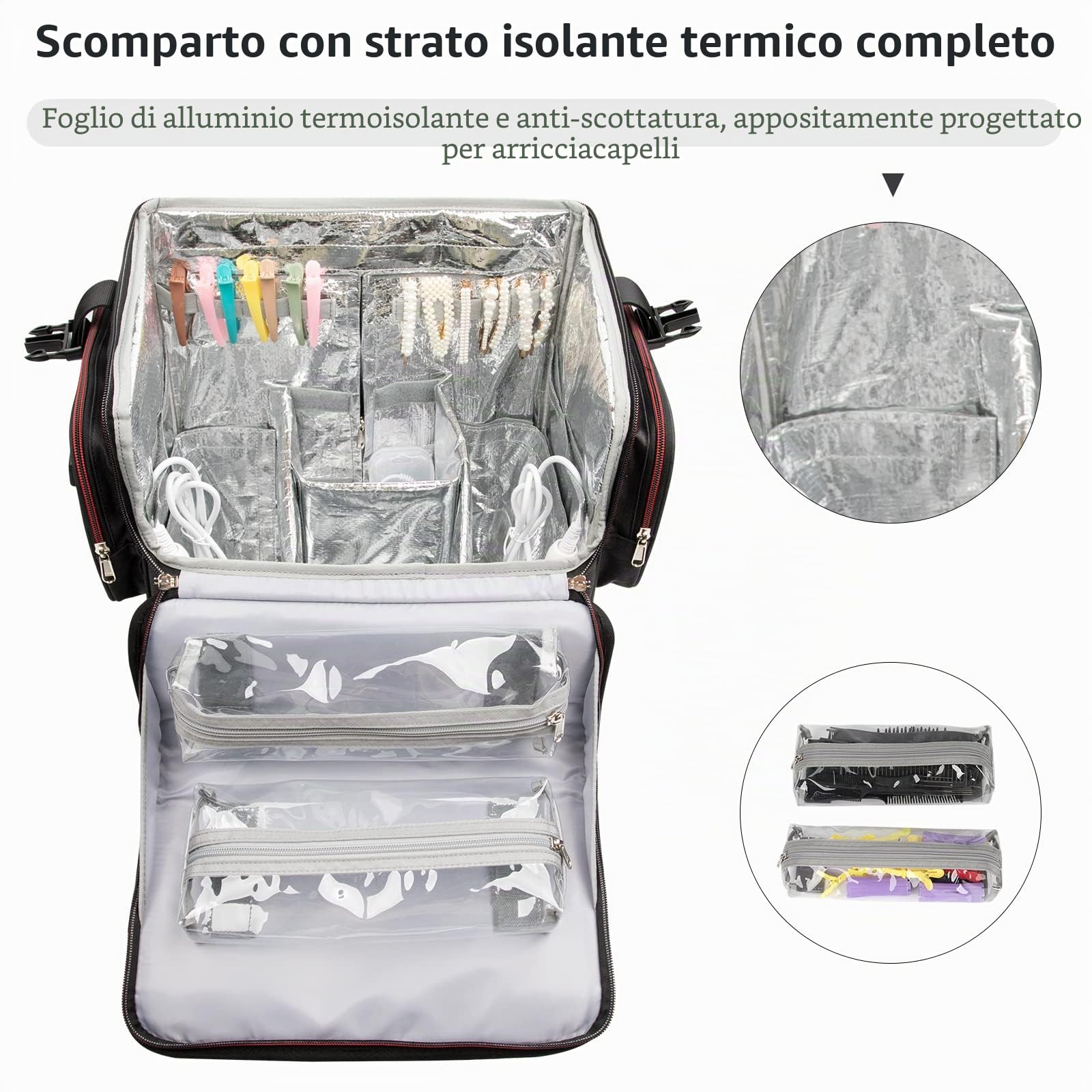 Grande valigetta cosmetica, custodia cosmetica per parrucchiere, borsa organizer per parrucchiere, isolamento termico, anti-scottatura, trolley con ruote, 1 trolley, Trolley per cosmetici extra grande