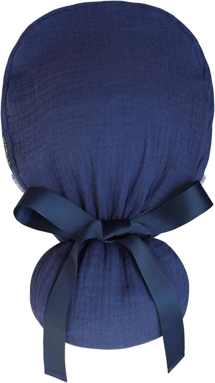 Ponytail Scrub Cap for Women – Solid Dark Blue Surgical Cap with Buttons, Cotton Ponytail Scrub Caps, Adjustable Surgical Hat for Women to Secure Long Hair