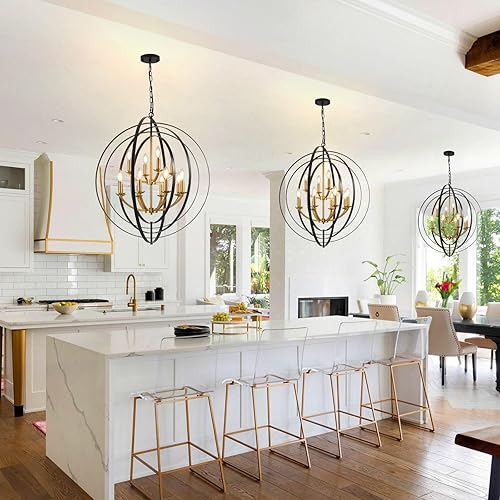 Miniatura 4 de Candelabro negro y dorado de 31.5 pulgadas, lámpara de granja de 12 luces para entrada, lámparas colgantes redondas, candelabros grandes para techos