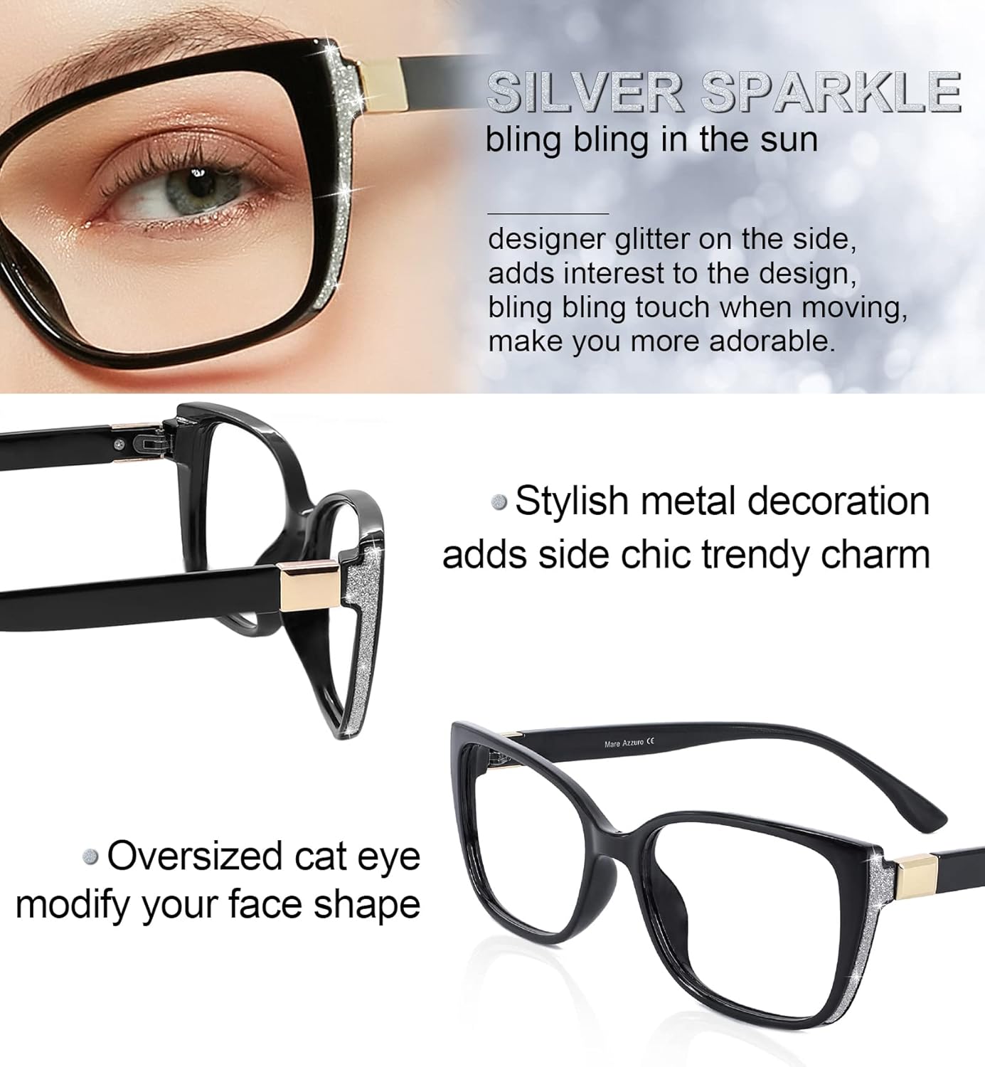 MARE AZZURO Oversized Reading Glasses Women Designer Glitter Readers 1.0 1.25 1.5 1.75 2.0 2.25 2.5 2.75 3.0 3.5 4.0 5.0 6.0 - Image 4