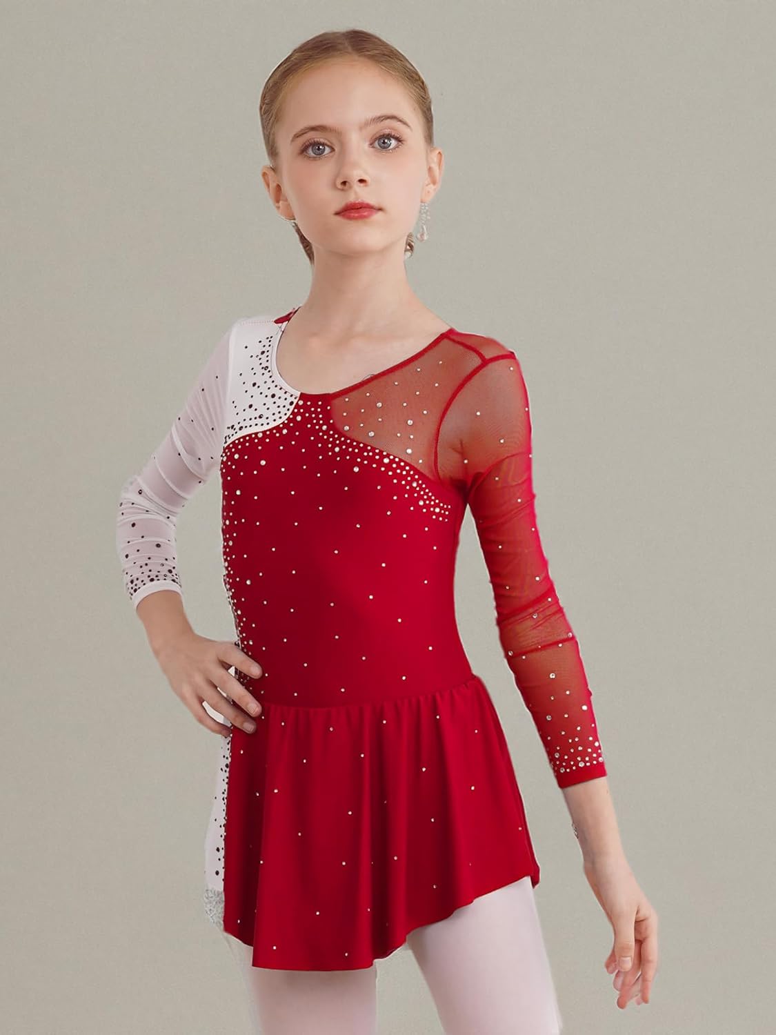 Kids Girls Figure Skating Dress Long Sleeves Ballet Dance Skirted Leotards