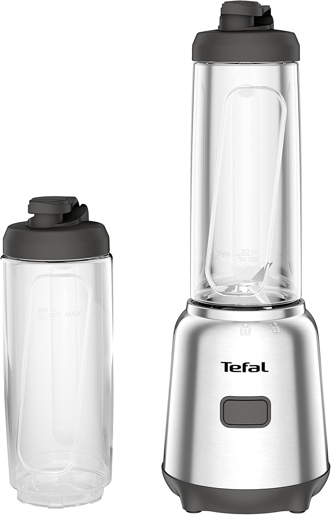 Tefal BL15FD Mix and Move - Mini batidora de vaso (300 W, 2 botellas To-Go en Tritán premium, diseño compacto, fácil de limpiar, cuchillas extraíbles, manejo con un solo botón, plata/gris)