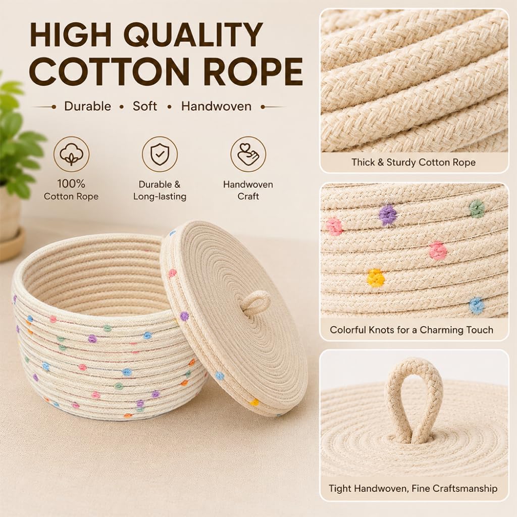 2 Pezzi Cestino in Corda di Cotone con Coperchio Cestino Portaoggetti Intrecciato con Coperchio Decorativi Intrecciati con Coperchio di Cotone Rotondo per Snack Asciugamani Cestello Giocattolo