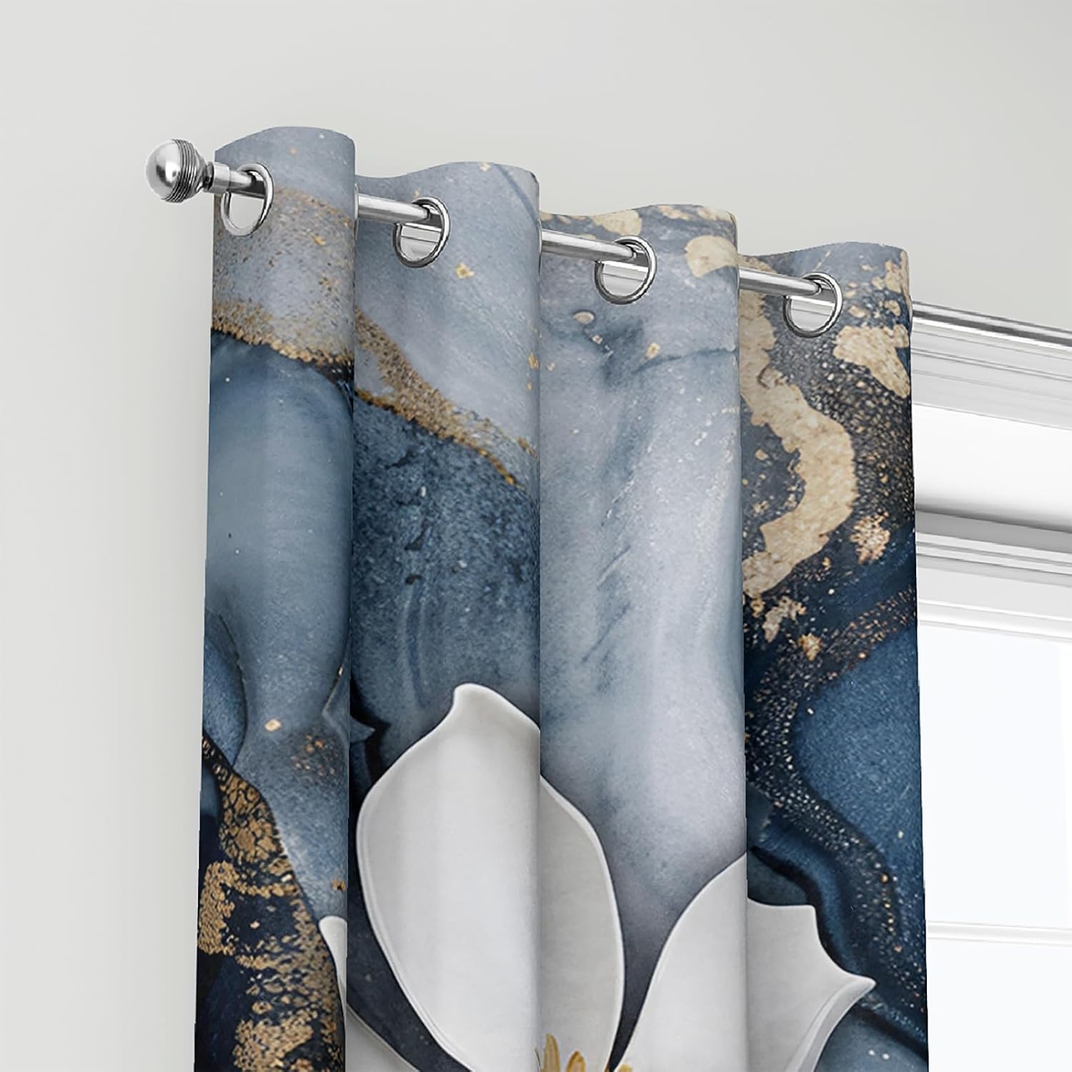 AILONEN White & Blue Flower Window Curtain,Navy Blue Marbling Window Treatment Drapes for Girls Women,Marble Curtain Set, 38" W x 54" H,Set of 2 Panels