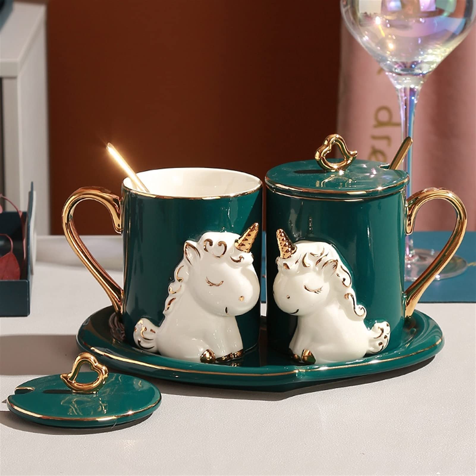 Zestawy filiżanek i spodków Sweet Pocałunek Jeleń Kawa Para Handmade Funny Embossed Animal Ceramic Cup Para Herbata Cup jest idealnym prezentem ślubnym dla panny młodej i pana młodego Zestaw kubków