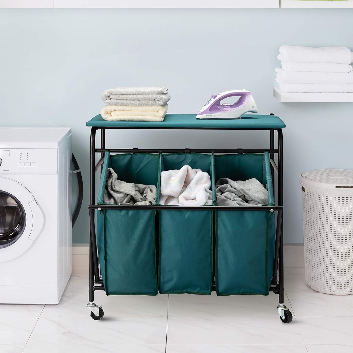 HollyHOME Laundry Sorter Cart with with Side Pull 3-Bag Ironing Board Heavy-Duty 4 Wheels Laundry Hamper Dark Green