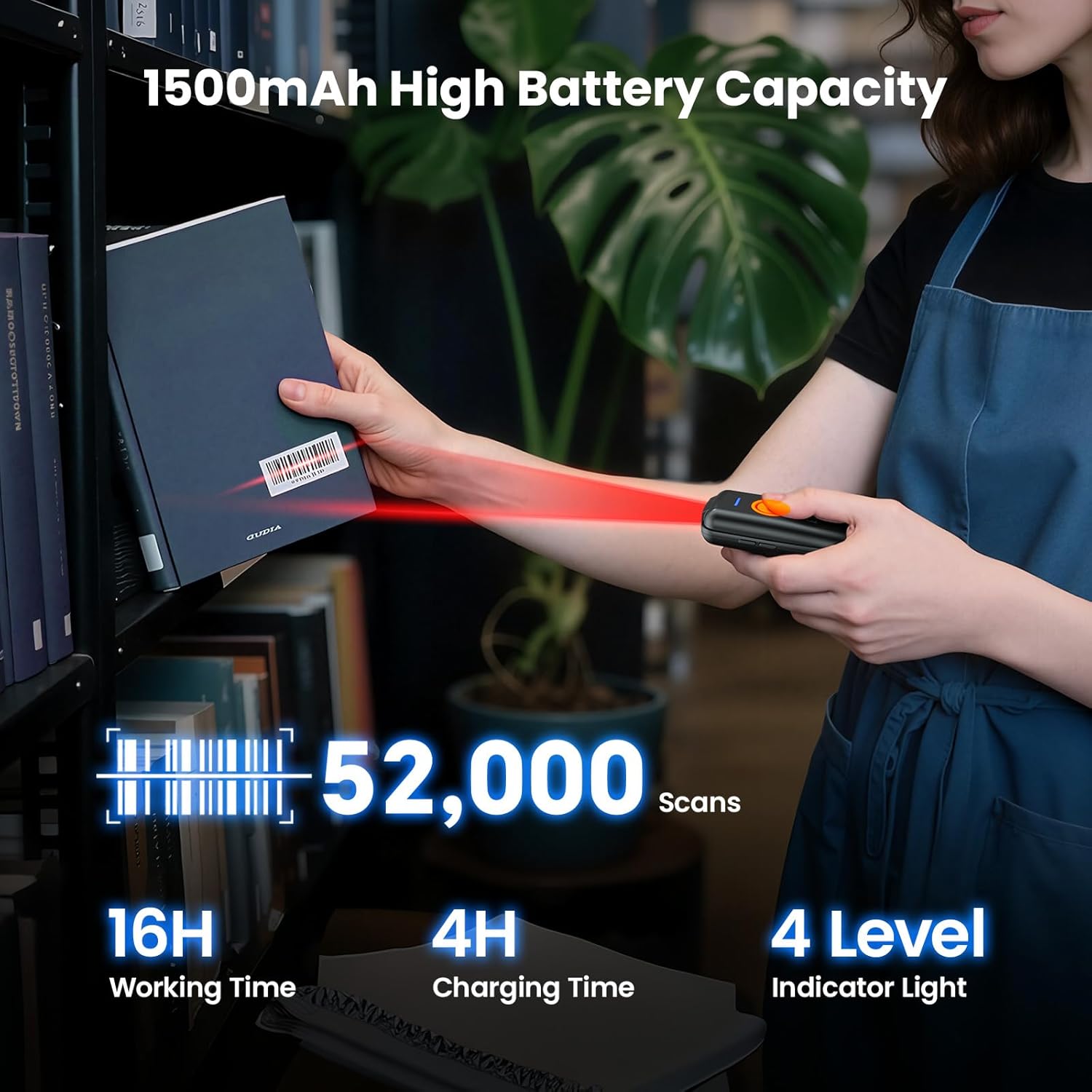 Image showing the scanner being used to scan a book, with battery life and charging time details