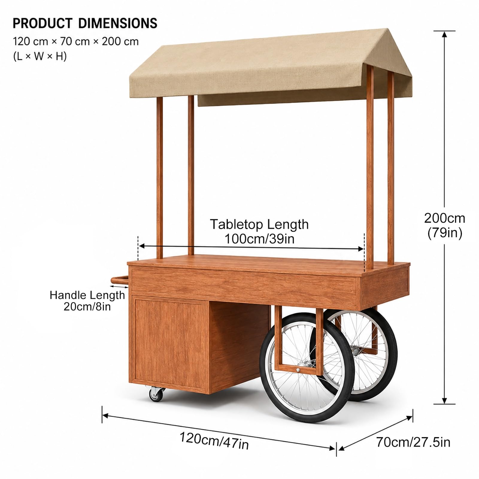Puesto Ambulante con Toldo, Carrito de Venta con Ruedas y Compartimento, Stand Expositor para Exterior con Ruedas Blocables