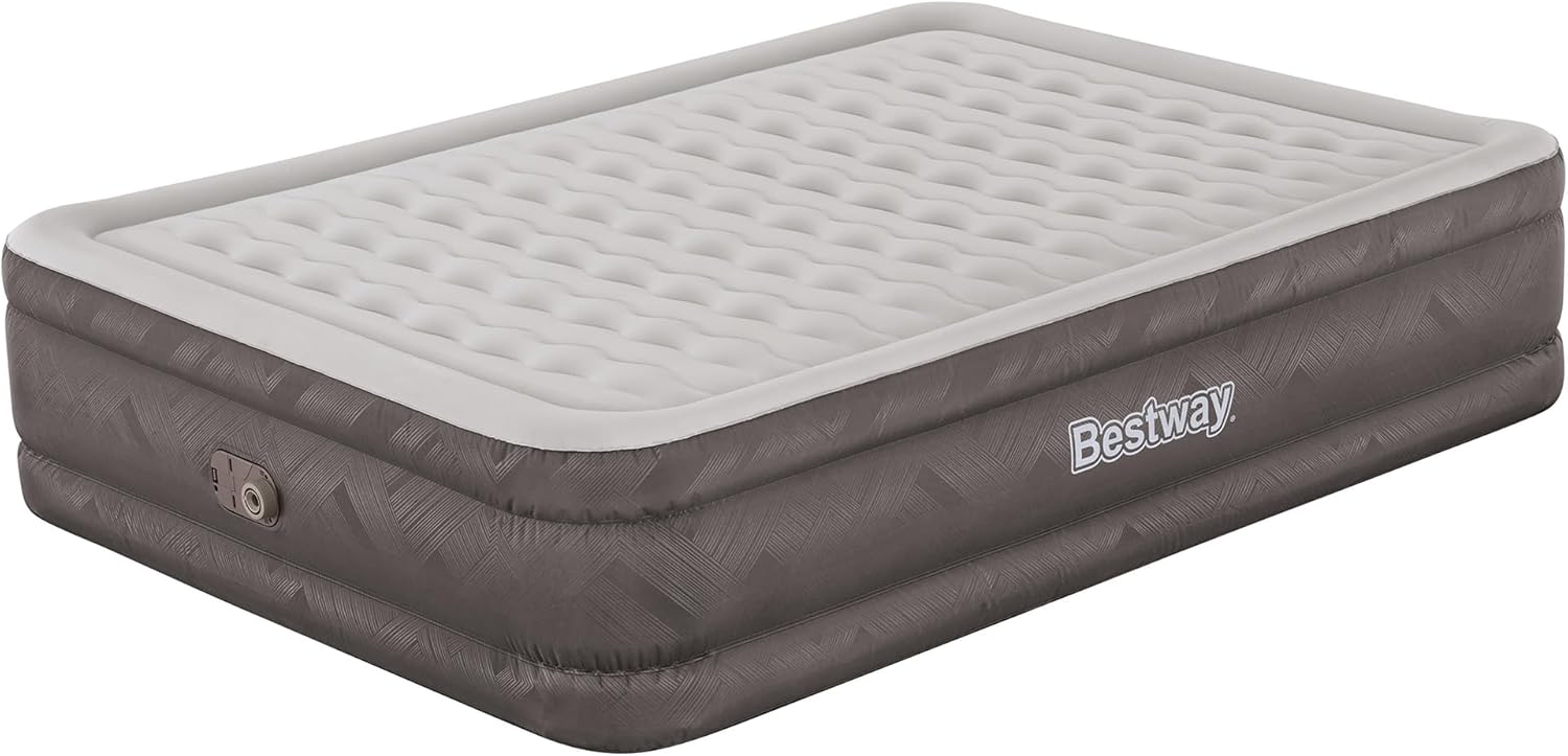 Bestway: Tough Guard 18" Air Mattress - Queen - Built-in A/C Pump, Inflatable Indoor Airbed, Wave Beam Construction, Storage Carry Bag, Luxe Surface