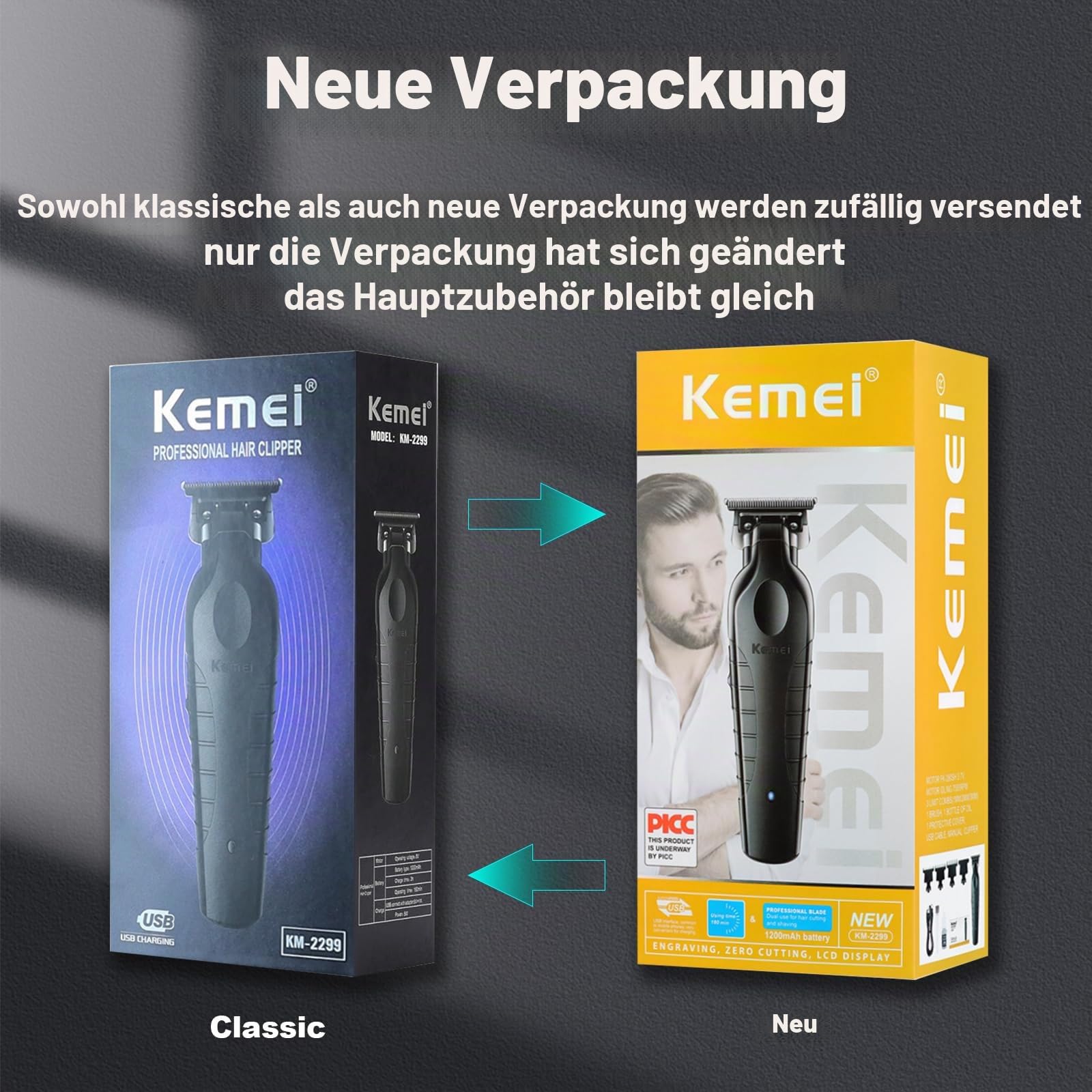 KEMEI 2299 Trimmer, Professionelle Schnurlose Haarschneidemaschine für Männer, Elektrisch Herren Barttrimmer, 7500 U/min, DLC Zero Gap T-Klinge Haartrimmer mit 3 Führungskamm