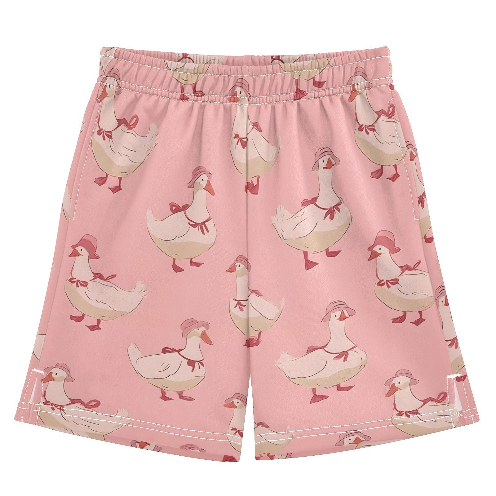 Cute White Ducks Pink Shorts for Boys Summer Athletic Outdoor Boys Shorts Size 9-10