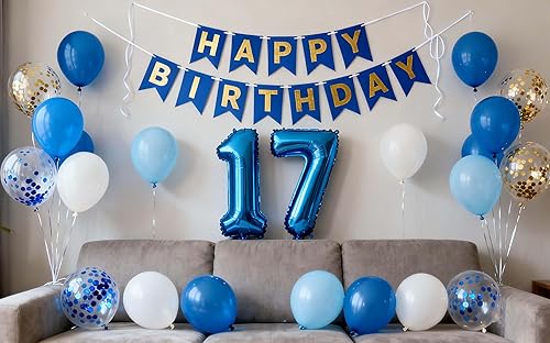 Miniatura 30 de Decoraciones de cumpleaños número 10, color azul para niños y niñas, pancarta de feliz cumpleaños número 10, globos de papel de aluminio de látex