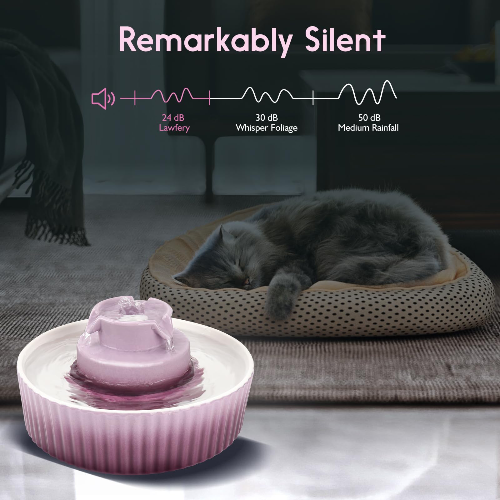 Lawfery Fuente de agua de cerámica para gatos, fuente de agua de 2.1 L/71 onzas con 3 filtros de carbono y 2 bombas de agua, fuente de agua para mascotas para gatos y perros (morado)
