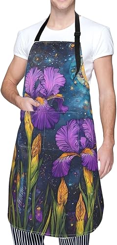 Miniatura 5 de Cosmic Purple Irises Print Kitchen Cooking Apron, Adjustable Waterproof Apron With Pockets, Unisex