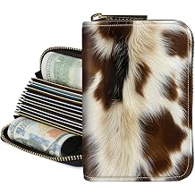 Credit Card Holder for Women,Zipper 14-Slot RFID Blocking Wallet,Small Slim Cute Leather Compact Accordion Case,Business Card Holder Case,Organizer Gifts for Ladies,Brown White Fur Print