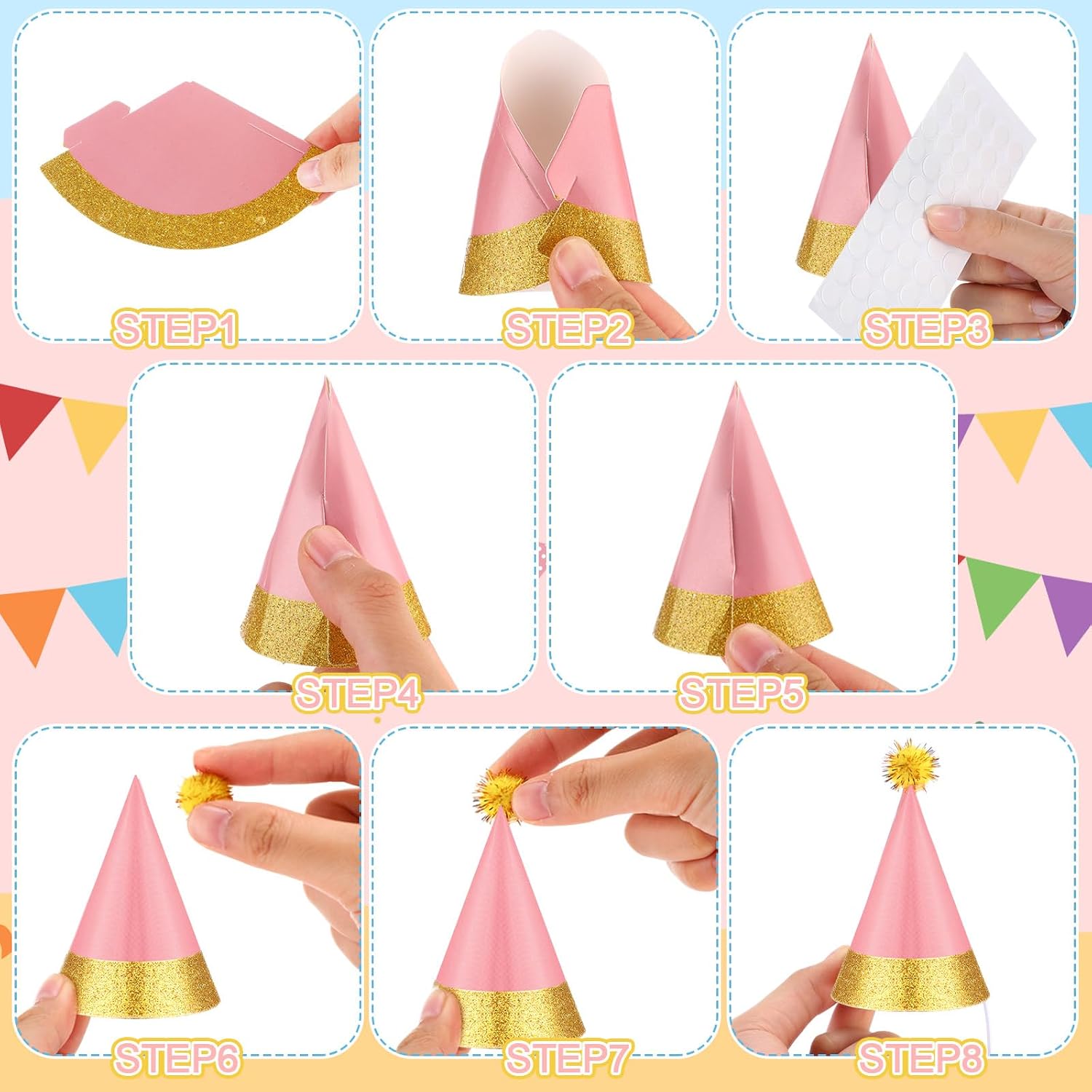 40 Pcs Mini Party Hats with Pompoms, Glitter Stuffed Animals Birthday Party Cone Hat for Stuffed Animals Pets Party (Macaron Color,2 x 3 Inch) image 3
