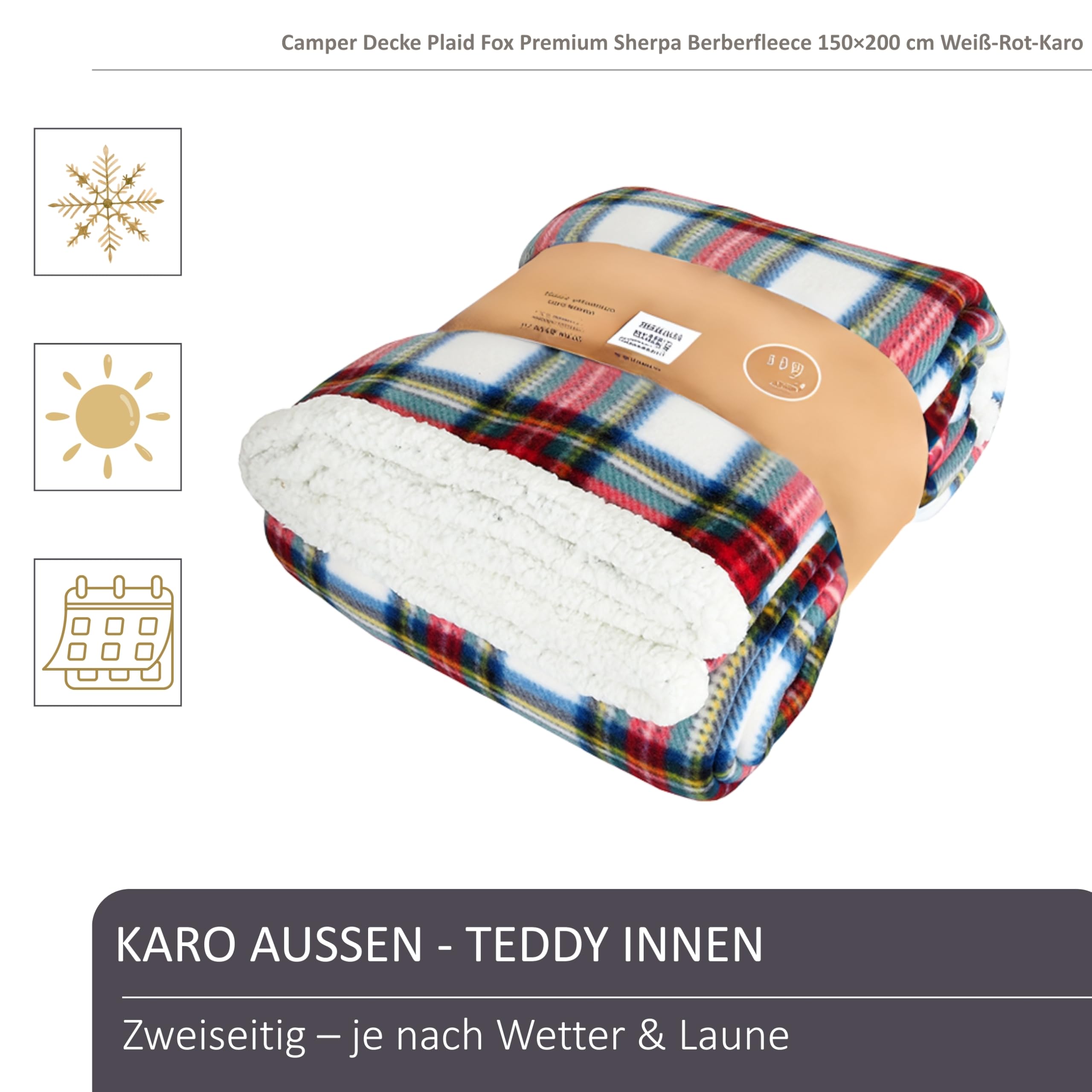 Camper Decke Plaid Fox Premium Sherpa Berberfleece 150×200 cm Weiß-Rot-Karo