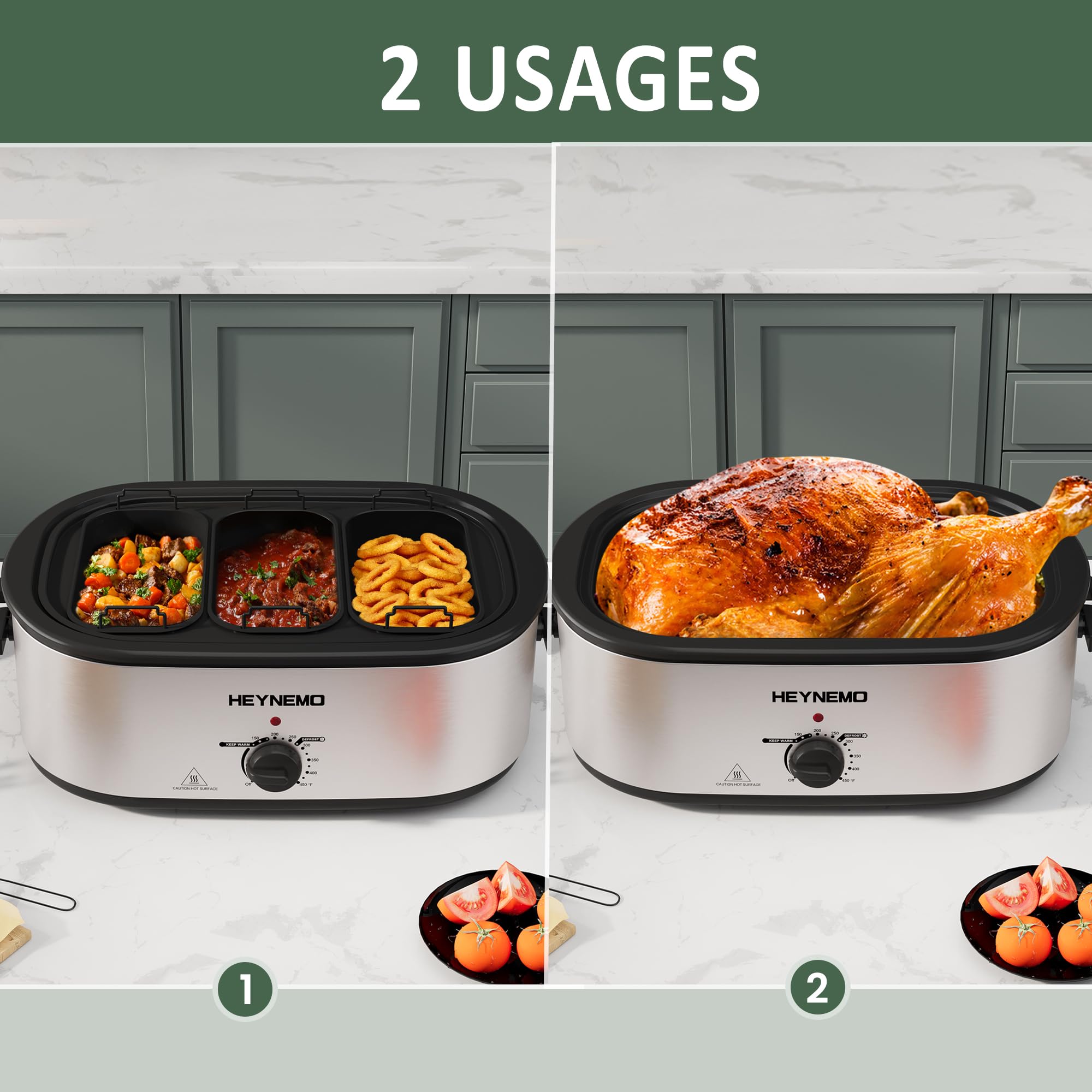 Roaster Oven 24QT, Electric Roaster Pan with 3 Compartments and Self-Basting Lid, Large Stainless Steel Electric Turkey Roaster Oven Defrost Warm Function, Removable Pan Rack, Fits Turkeys Up to 28LB