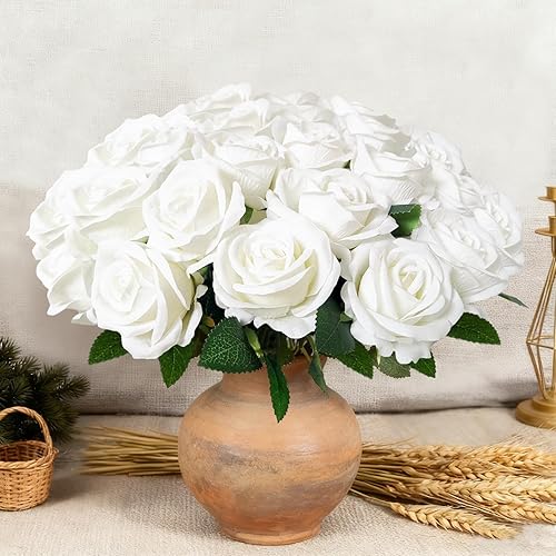 Miniatura 9 de 52 rosas blancas artificiales con tallos, ramo de rosas falsas a granel, rosas de terciopelo de seda para centros de mesa de boda, baby shower,