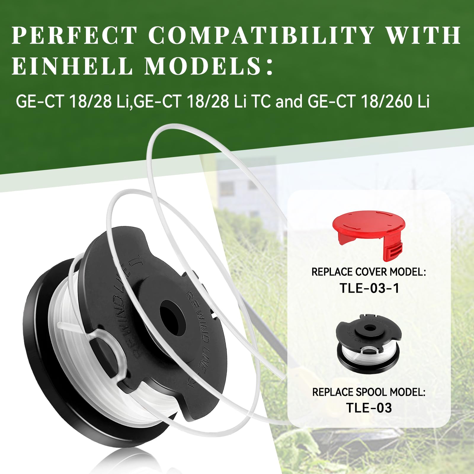 4 sztuki zapasowych szpul do podkaszarki akumulatorowej Einhell GE-CT 18/28 Li i GE-CT 18/28 Li TC, do zapasowej szpulki do nici Einhell TLE-03, osłona szpulki TLE-03-1 (4 zapasowe szpulki + 1