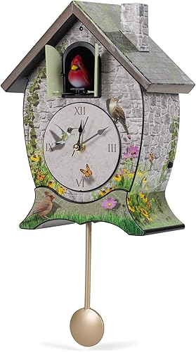Miniatura 4 de Mark Feldstein Garden Cottage Singing Cardinal - Reloj de cuco con sonido de pared, 14 x 10