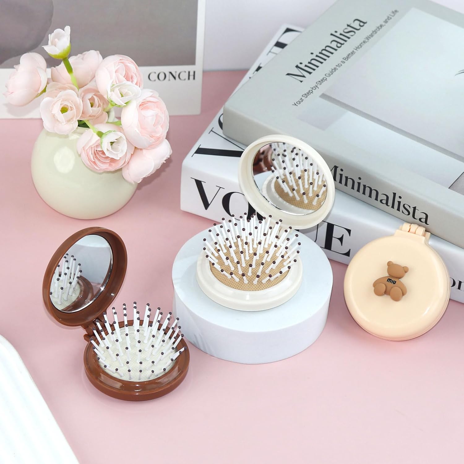 24 Pack Cute Bear Foldable Hair Brush with Mirror,Pocket-Sized Compact Mirror Comb,Mini Hair Brush Bulk,Portable Purse Brush for Travel (3 Colors)