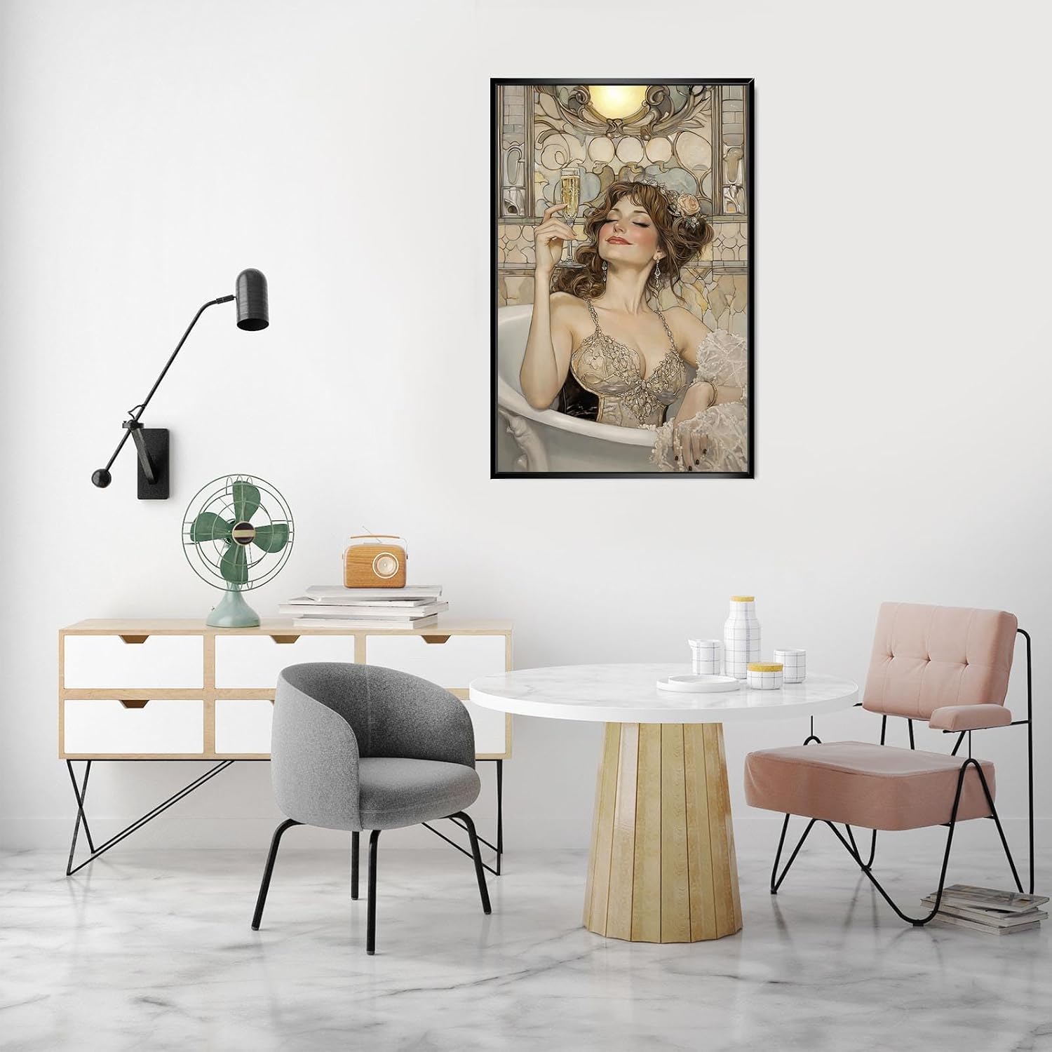 Trendy Bathroom Woman Canvas Posters Elegant Glamour Girly Wall Art Champagne Bath Aesthetic Prints Painting For Living Room Restroom Toilet Wall Decor 24x36in Framed