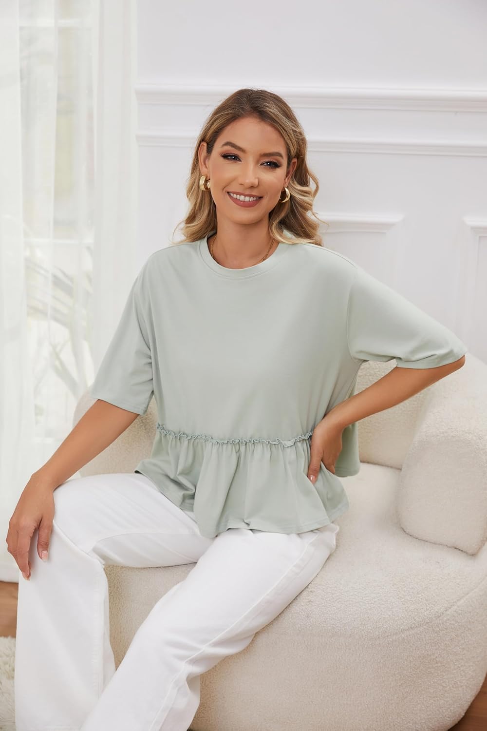 Women Summer Short Sleeve T-Shirts Oversized Dressy Casual Work Blouses Cropped Cute Ruffle Babydoll Peplum Tops - Image 4