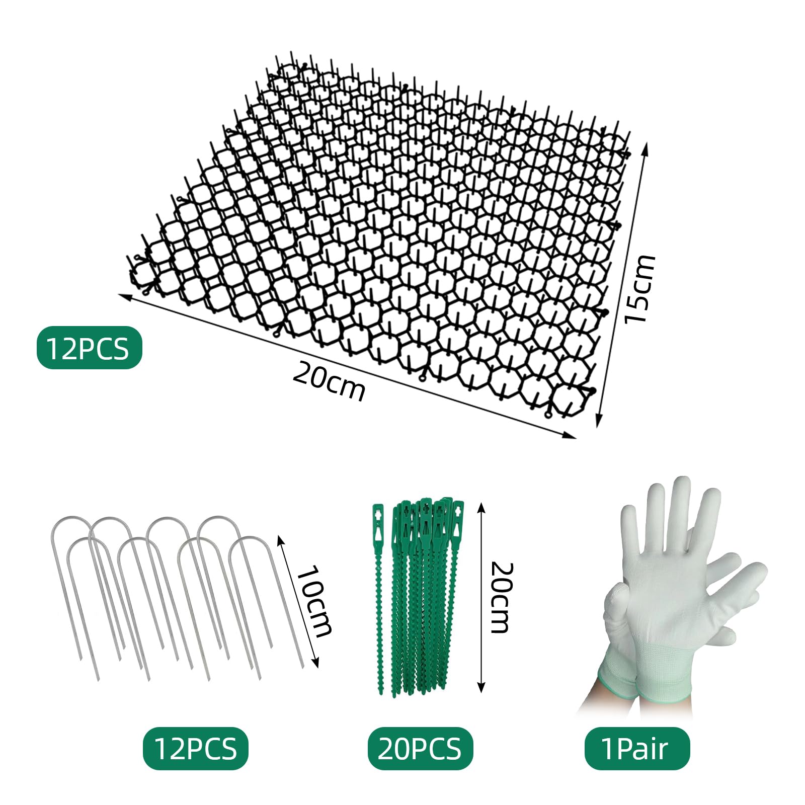 12Pcs Anti Cat Spikes,15 * 20cm Plastic Scat Mat with Repellent Mats Prickle Stirp Pet Deterrent Net 12 U-shaped Pegs 20 Zip Ties Glove for Garden Fence Lawns - Image 2