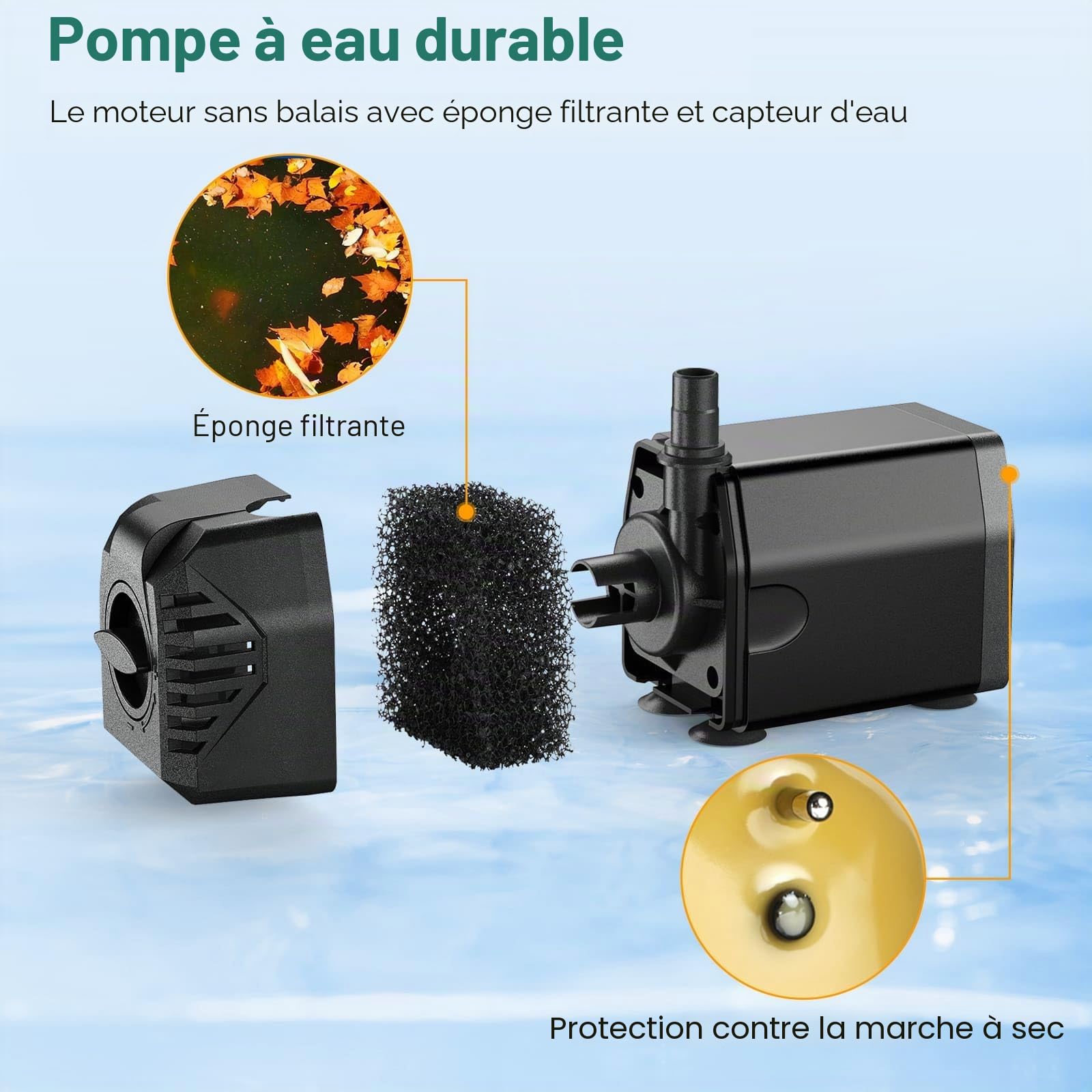 Biling Pompe à eau 10 W 875 l/h pour pompe solaire de bassin de 12 à 20 W avec filtre et protection contre la marche à sec, fontaine solaire d'extérieur utilisée avec panneaux solaires pour petits